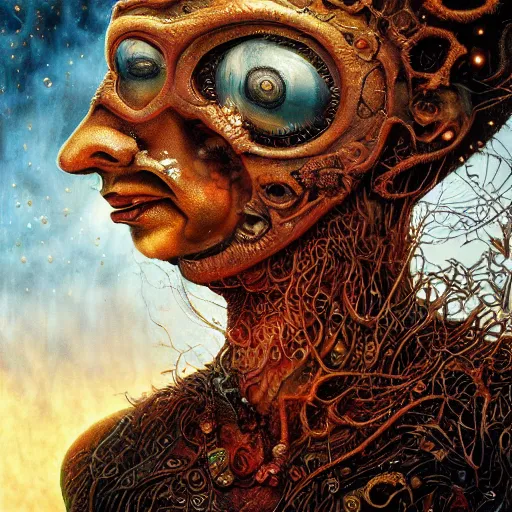 Image similar to full face close up portrait, sandman god of dreams wearing a mask, deliver me cosmic sight, by patrick woodroffe, by josip csoor, by laurie lipton, in the valley of the damned background, cinematic lighting, volumetric lighting, neosurrealism, realistic shadows, particle effects, rendered in octane, melting, psychedelic, electric, cosmic, fantasy