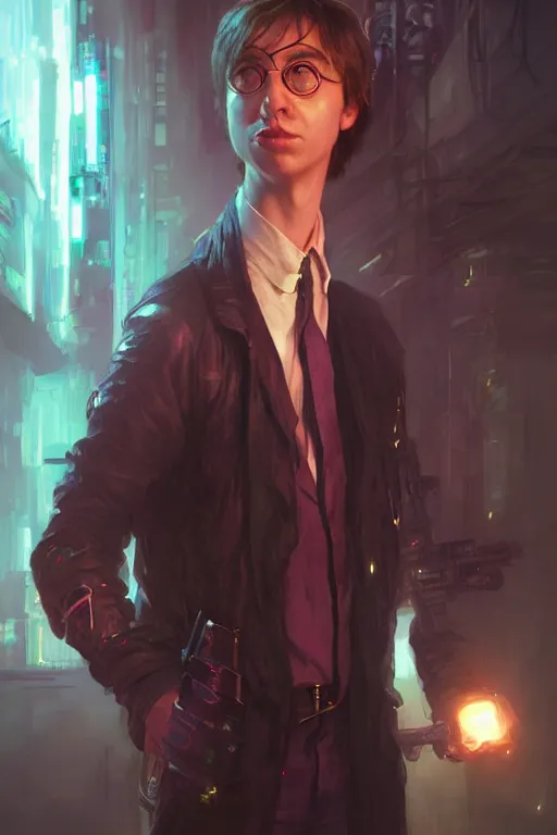 Image similar to portrait of Ron Wisly from harry potter in cyberpunk, neon lighting, night city, digital art from artstation by Ruan Jia and Mandy Jurgens and Artgerm and william-adolphe bouguereau and Greg Rutkowski and Wayne Barlowe