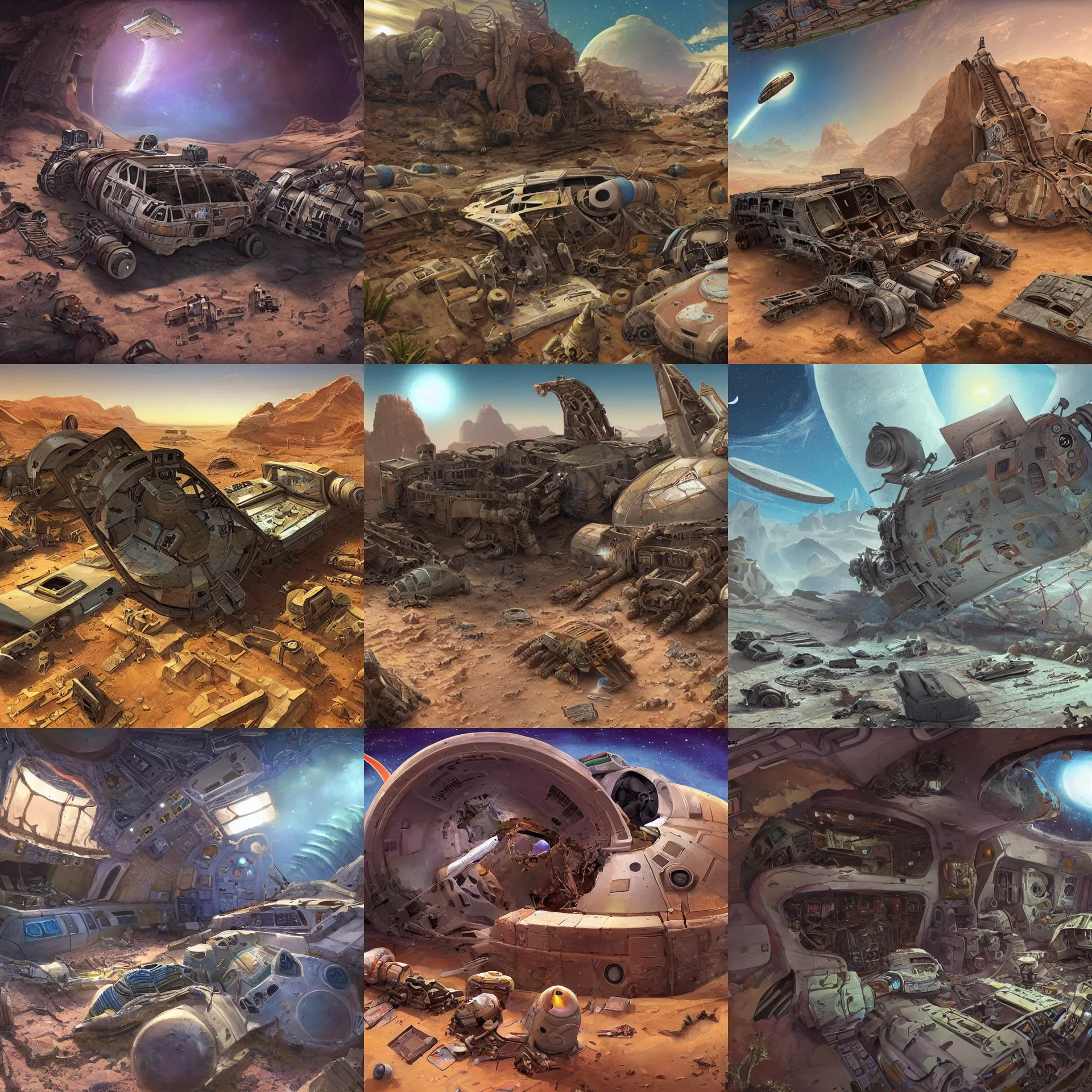 Prompt: inside the wreckage of a crashed spacecraft on a desert planet, from a space themed point and click 2 d graphic adventure game, art inspired by tomb raider and thomas kinkade