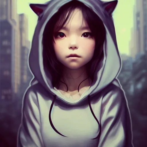 Prompt: very small little girl in a cat - hoodie by ross tran, looking glass by sana takeda, rtx reflections, very high intricate details, digital anime art by artgerm, medium shot, mid - shot, composition by ilya kuvshinov, lighting by greg rutkowski