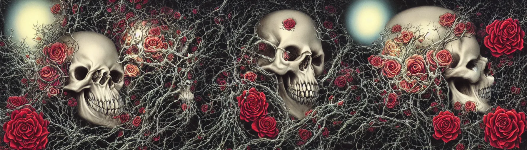 Image similar to the ghost in the machie, dense web of neurons firing, psychedelic lights and fog, skull and roses and gnr imagery, zdzislaw, ayami kojima, yamamoto, barclay shaw, karol bak, hyperrealist, 8 k