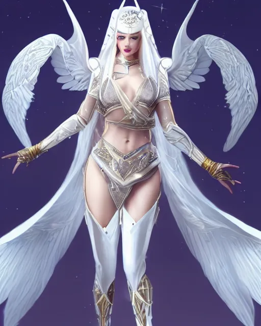 Image similar to perfect white haired egyptian goddess wearing white dove wings, warframe armor, regal, attractive, ornate, sultry, beautiful, dreamy, half asian, pretty face, blue eyes, detailed, scifi platform, 4 k, ultra realistic, epic lighting, android body, illuminated, cinematic, masterpiece, art by akihito tsukushi, voidstar, artgerm