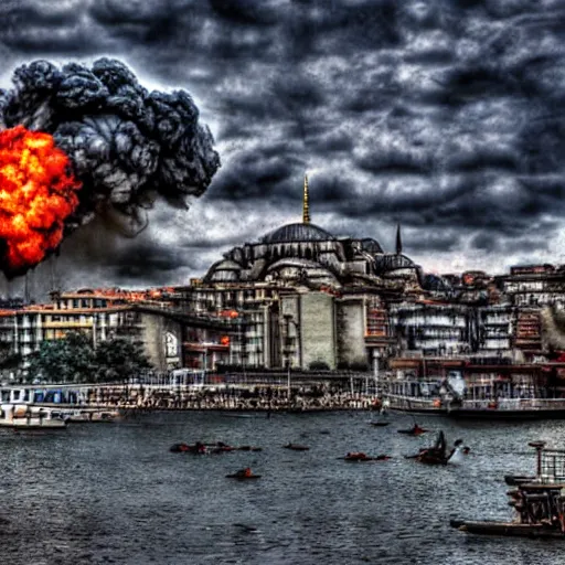 Image similar to atomic bomb blast in istanbul, realistic, hdr,