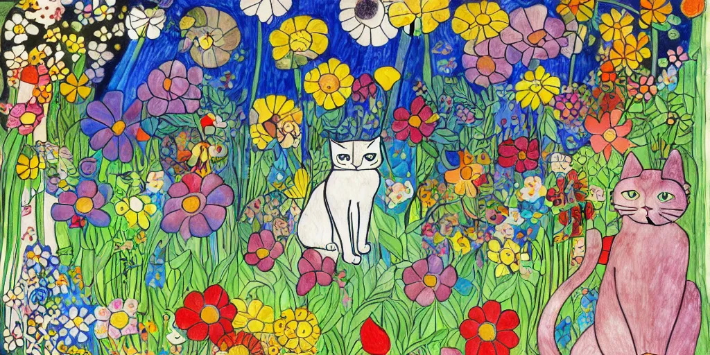 Image similar to cat playing in a garden of flowers, a mix media painting by laurel burch and Leonardo da Vinci and Natalia Goncharova, cluttered , child's drawing, art by Studio Ghibli, anime, thick black lineart