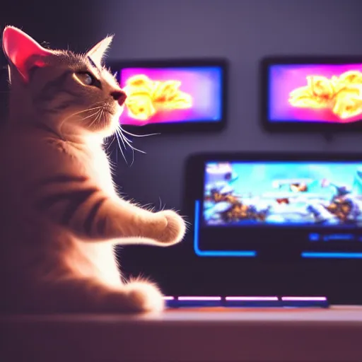 Prompt: a cat playing videogames with paws on a gaming keyboard and wearing a headset, photorealistic, instagram post 4k, highly detailed