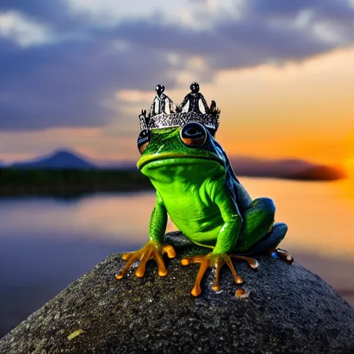 Image similar to frog with a crown on a throne in beautiful mountains watching a sunset, photograph