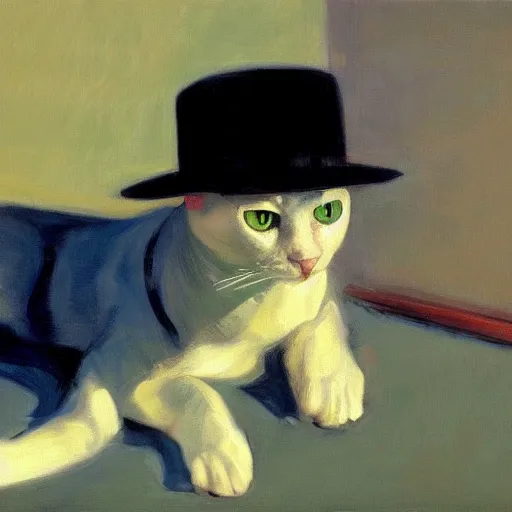 Image similar to a robotic cat wearing a hat, a highly detailed edward hopper painting, by adrian ghenie and gerhard richter. art by sorolla. masterpiece, flat surreal design with deep colours. 8 k. artstation