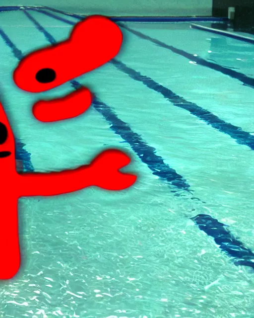 Prompt: a cursed image of clippy from ms office in a dark, closed swimming pool, really scary, looking this way.