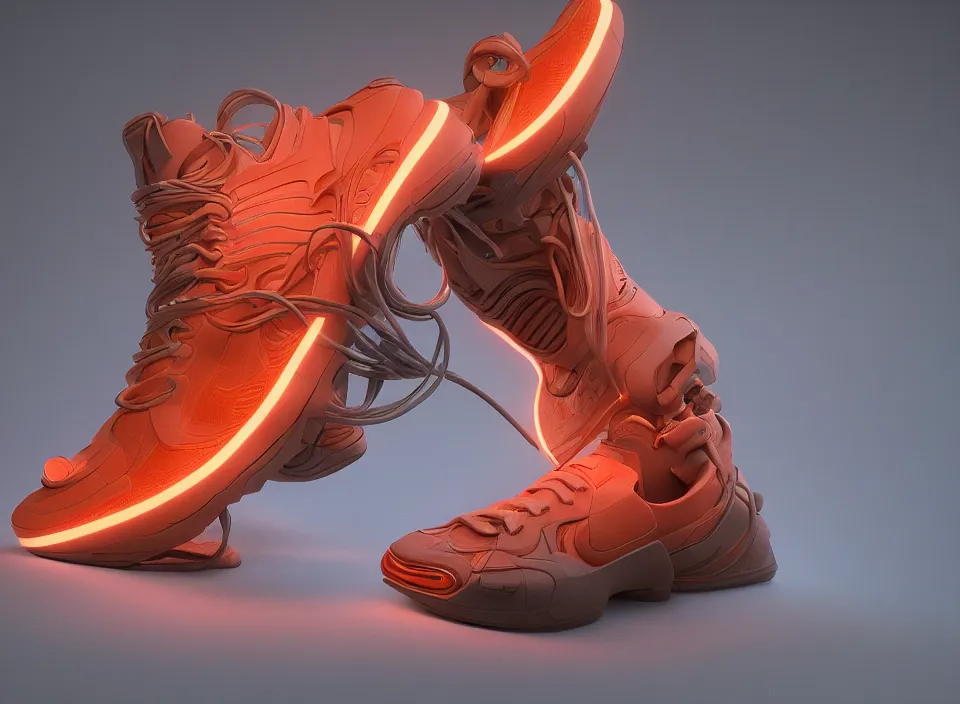 Image similar to realistic 8 k sculpture of 1 futuristic sneaker with neon illuminated rubber soles and soft orange shoelaces on a textured grey surface, clean 3 d render, beautiful studio lighting, soft, sharp focus, cyberpunk, intricate detail, gold and red accents, soft rubber, octane render, trending on artstation, deviantart, art by syd mead