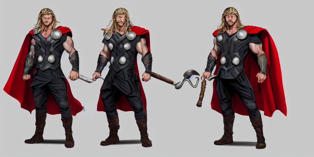 Image similar to cartoonish chris hemsworth as thor kissing his hammer and dancing, character sheet, fine details, concept design, contrast, kim jung gi, greg rutkowski, trending on artstation, 8 k, full body, turnaround, front view, back view, ultra wide angle