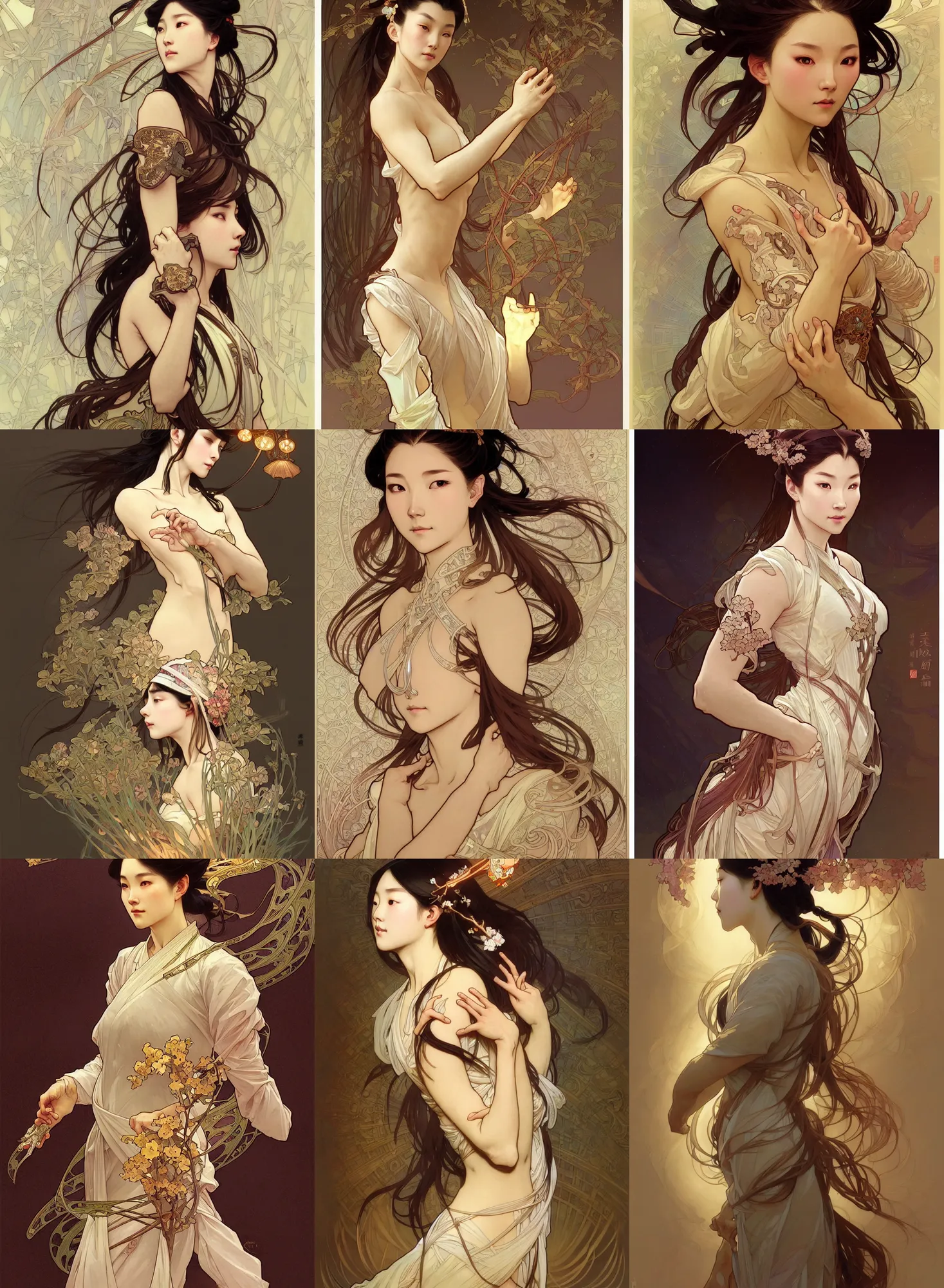 Image similar to a digital concept ar by artgerm and greg rutkowski and alphonse mucha. clear portrait of a lonely attractive woman in uniform of tang dynasty!! tang dynasty book, light effect. hyper detailed, character concept, full body!! dynamic pose, glowing lights!! intricate, elegant, highly detailed, digital painting, artstation, concept art, smooth, sharp focus, illustration