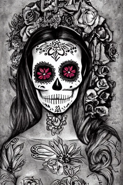 Prompt: illustration of a sugar skull day of the dead girl, art by annie liebovitz