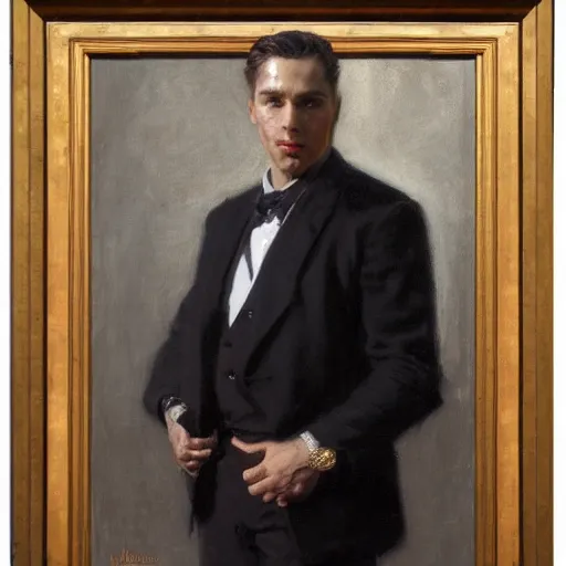 Image similar to detailed portrait of man in black suit, spring light, painting by gaston bussiere, craig mullins, j. c. leyendecker