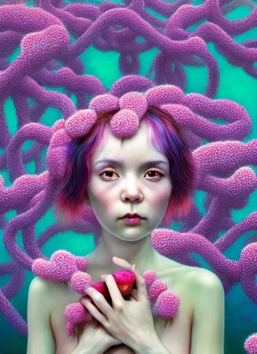 Image similar to hyper detailed 3d render like a Oil painting - kawaii portrait Aurora (black haired Fae) seen Eating of the Strangling network of yellowcake aerochrome and milky Fruit and Her delicate Hands hold of gossamer polyp blossoms bring iridescent fungal flowers whose spores black the foolish stars by Jacek Yerka, Mariusz Lewandowski, Houdini algorithmic generative render, Abstract brush strokes, Masterpiece, Edward Hopper and James Gilleard, Zdzislaw Beksinski, Mark Ryden, Wolfgang Lettl, hints of Yayoi Kasuma, octane render, 8k