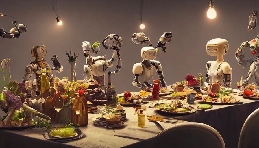 Image similar to a table dinner of robots where robots are dressed like the characters from the midsommar movie, cinematic, hyperdetailed, octane render, trending on art station, ultrarealistic