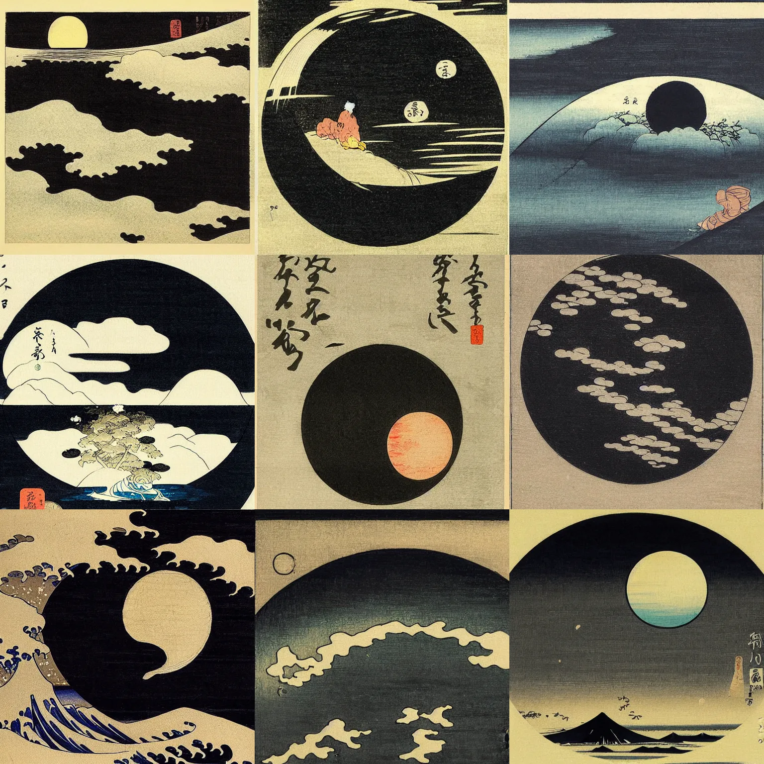 Prompt: a ukyo-e painting of a black moon by Hokusai, very ethereal, floating world, glass reflections 🌒🌒🌒🌒🌒🌒