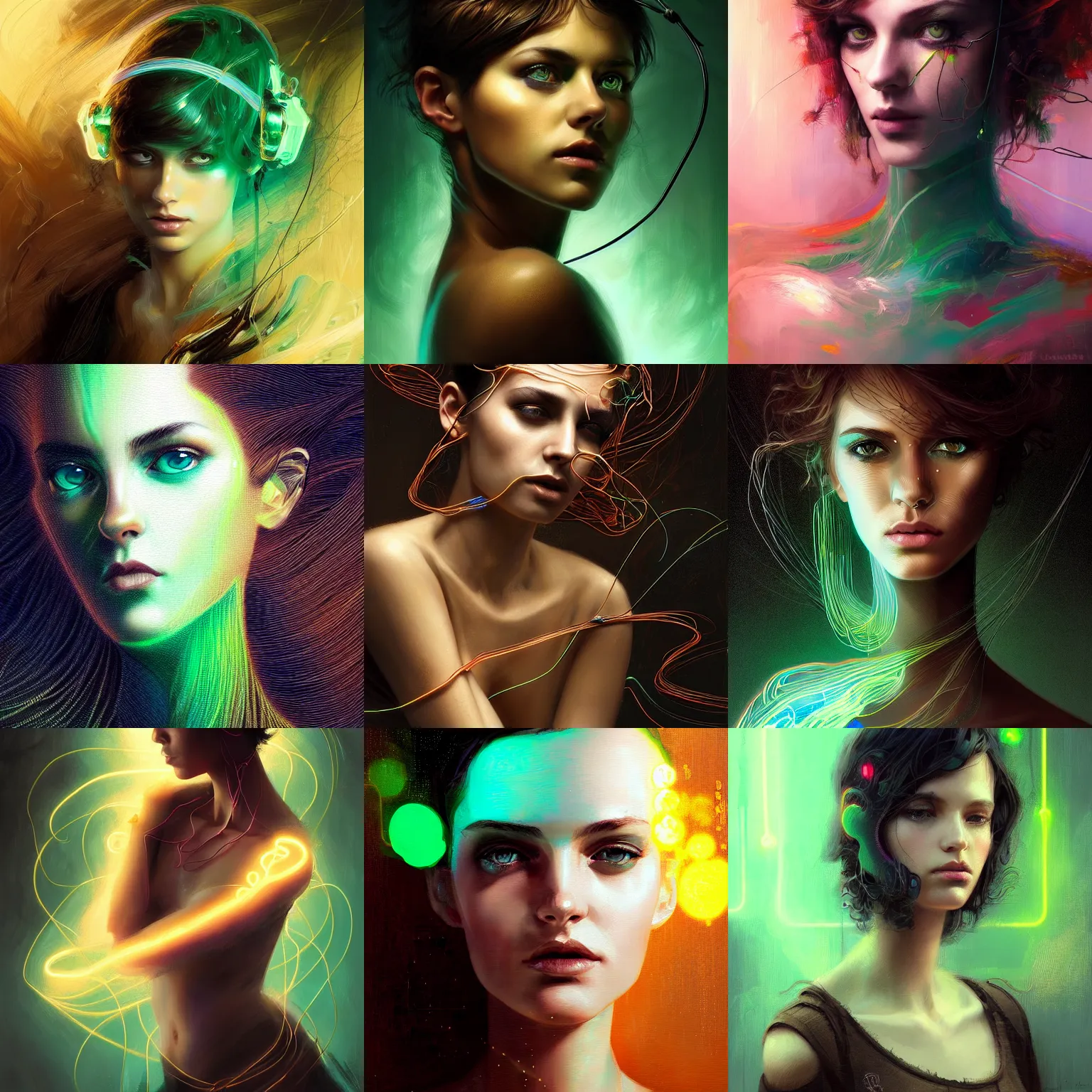 Prompt: generative art beautiful young woman, green eyes, short brown hair, thin neon wire, black background, digital painting, extremely detailed, 4 k, intricate, brush strokes, mark arian, janusz jurek, johanna martine, artgerm, bastien lecouffe - deharme, peter mohrbacher