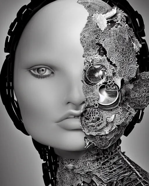 Image similar to black and white dreamy foggy smoky profile face portrait, one silver steampunk eye biomechanical beautiful young female cyclope - cyborg - robot bust, body ribs meshes,, volumetric light, hibiscus flowers, by hg giger, rim light, by dora maar and cecile beaton, big gothic fashion pearl embroidered collar, 8 k