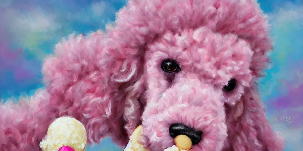 Image similar to realistic poodle/ice cream hybrid, cherry ice cream, pink and blue, soft colors, realism, romanticism, oil painting, digital art, trending, World of Warcraft, monster, Final Fantasy, hand painted, adoptable, cinematic