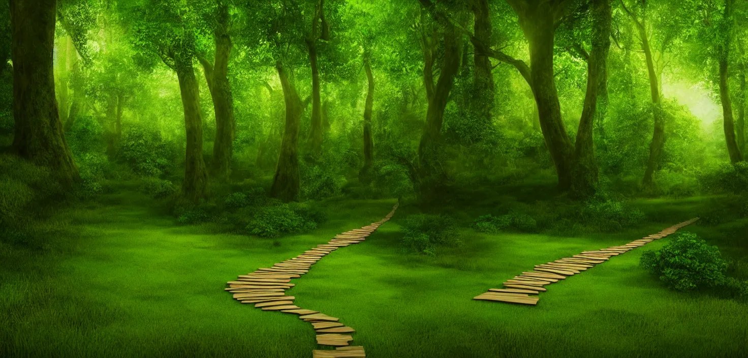 Image similar to a wooden path in the middle of a lush green forest octane render, a detailed matte painting by john eyre, shutterstock contest winner, art magical realism, enchanting, matte painting, mystical, vector style
