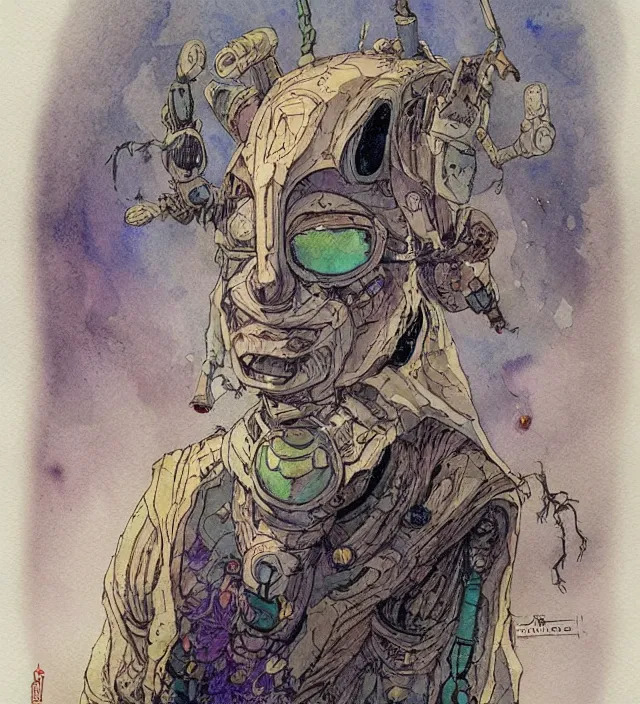 Image similar to a 3 / 4 view watercolor ink painting of a robot shaman / wizard casting a spell in the style of jean giraud in the style of moebius trending on artstation deviantart pinterest detailed realistic hd 8 k high resolution