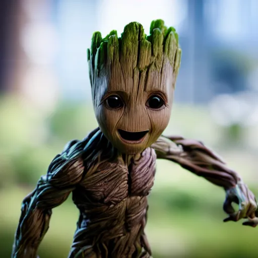 Image similar to baby groot getting bigger, meaner and transforming into hulk, big muscles, mutant, dc universe, bokeh, high quality dof