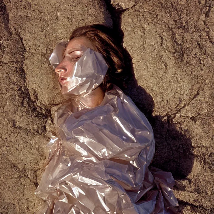 Image similar to a color photograph, closeup portrait of a woman wrapped in plastic, in grand teton national park in wyoming, color photograph, by vincent desiderio, canon eos c 3 0 0, ƒ 1. 8, 3 5 mm, 8 k, medium - format print