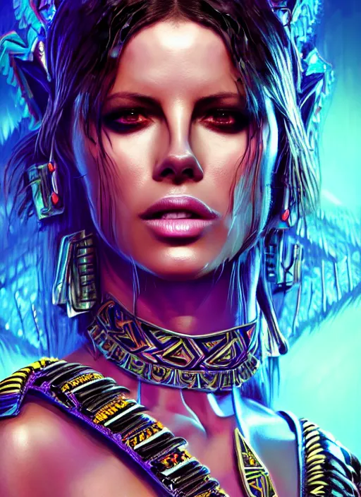 Image similar to hyper detailed ultra sharp aztec underworld warrior trance girl, kate beckinsale. trending on artstation, warpaint aesthetic, earthwave, colorful, neon, ornate, intricate, digital painting, concept art, smooth, sharp focus, illustration, art by artgerm and greg rutkowski and h. r. giger, 8 k