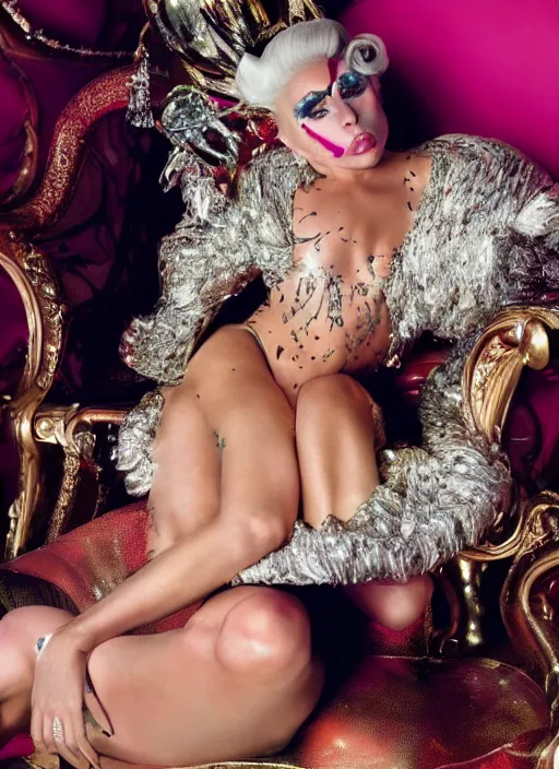 Image similar to lady gaga styled by david lachapelle posing in an expensive mansion setting , vogue magazine, Highly realistic. High resolution. Highly detailed. Dramatic. 8k.4k.