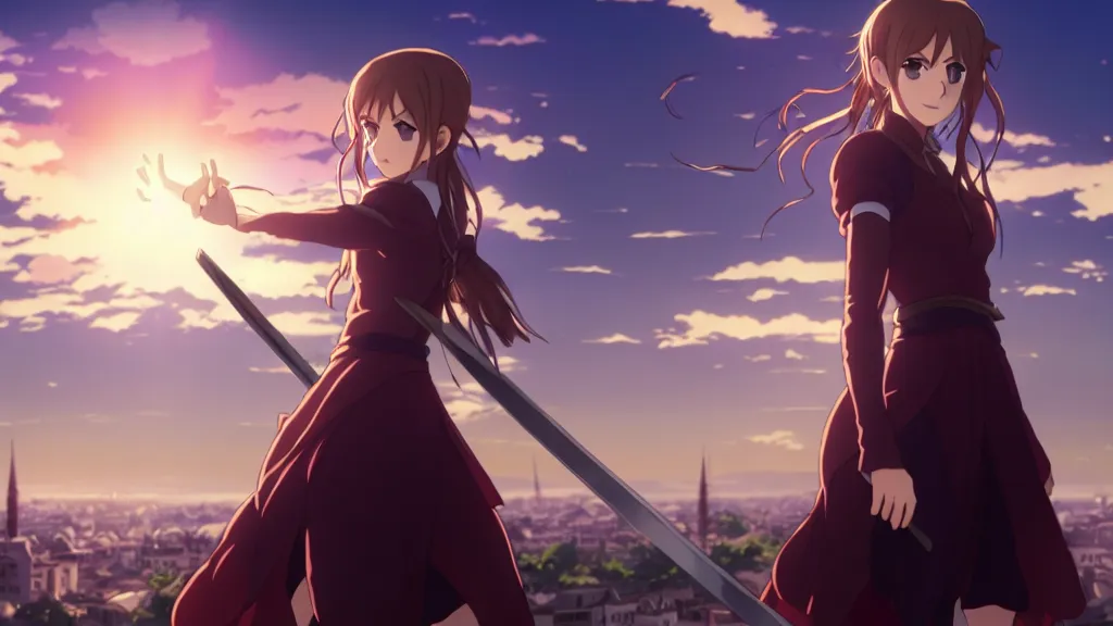 Image similar to emma watson in heavens feel movie, demon slayer, ufotable, kyoani, high quality, artstation, greg rutkowski, cinematic, city background, night time, rooftop, fate stay night, unlimited blade works, greg rutkowski, high resolution, dynamic pose, close up, street clothes, action, anime, high angle, sakuga