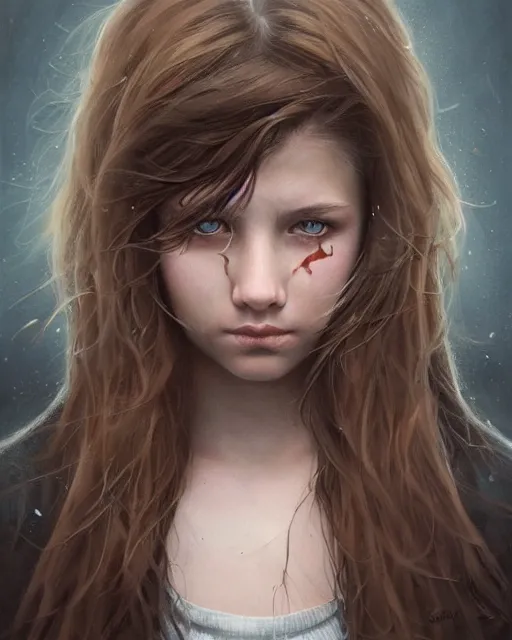 Image similar to symmetry!! portrait of 1 5 - year - old girl with voluminous bushy brown hair, large front teeth, and bright piercing brown eyes, hyper realistic face, beautiful eyes, fantasy art, in the style of greg rutkowski, intricate, hyper detailed, smooth