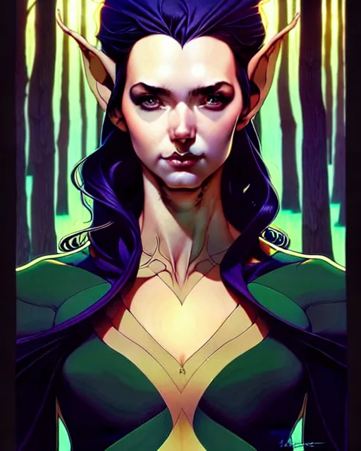 Prompt: artgerm, joshua middleton comic cover art, full body pretty even rachel wood elf, symmetrical eyes, symmetrical face, long curly black hair, beautiful forest, chiral lighting