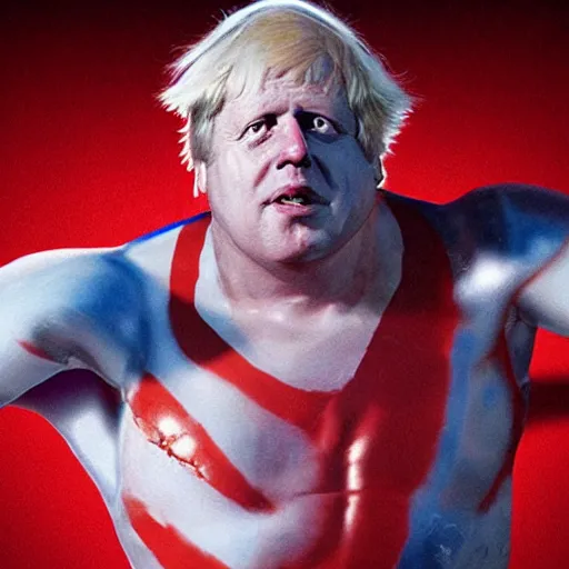 Prompt: Boris Johnson in the running man movie, trending on artstation, hyperrealism, cinematic scene