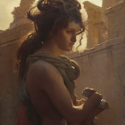 Image similar to half portait of medusa wearing a closed cowl and big old book! chained to the wrist, jeremy mann, jean - leon gerome, tiepolo, alphonse mucha, greg rutkowski, face in the shadows, ( ( ruins of ancient rome ) ), at dusk, mysterious atmosphere, sunrays, dof, high detailed, 8 k