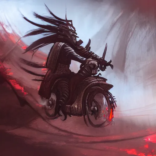 Prompt: Ancient samurai riding a motorcycle through the gates of hell, videogame concept art,detailed