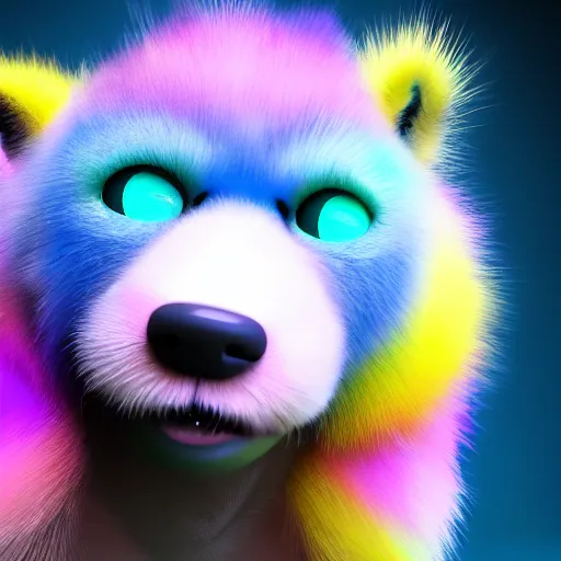 Image similar to Cute fur rainbow monster, hyper realistic, photoreal render, octane render, trending on artstation