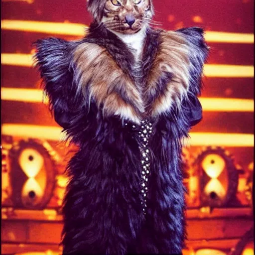 Image similar to 📷 john partridge playing rum tum tugger, spike collar, fluffy neck, cats the musical 🎶, 1 9 9 8 version, professional cat - like makeup, stunning lighting