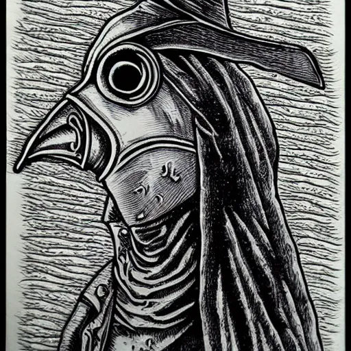 Image similar to plague doctor, detailed, pen and ink, stippling