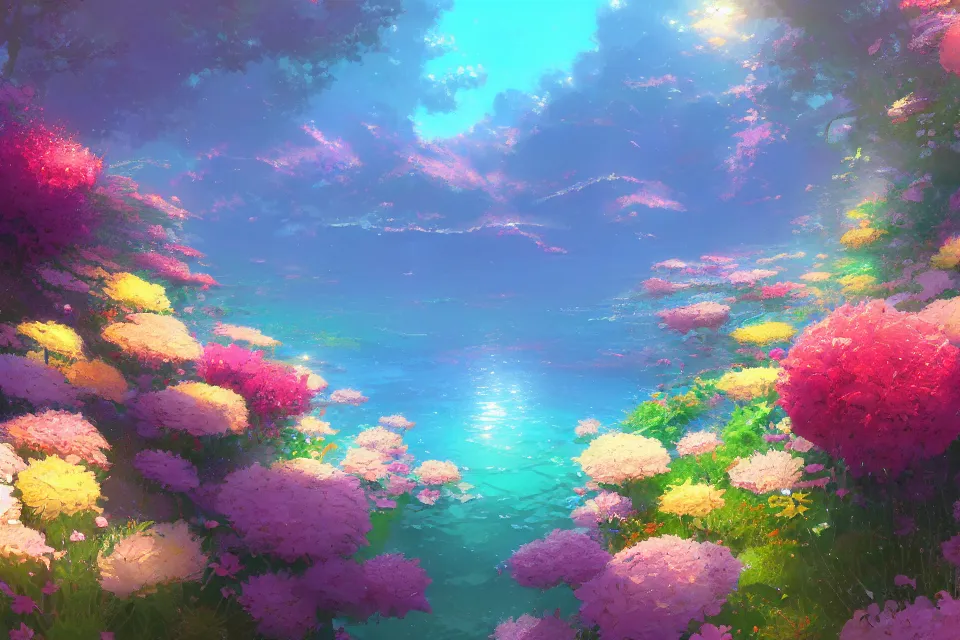 Prompt: colorful flowers under the surface of sparkling clear water by makoto shinkai and thomas kinkade, james gilleard, overview, very detailed, deviantart, artstation, high quality, 4 k, tone mapping