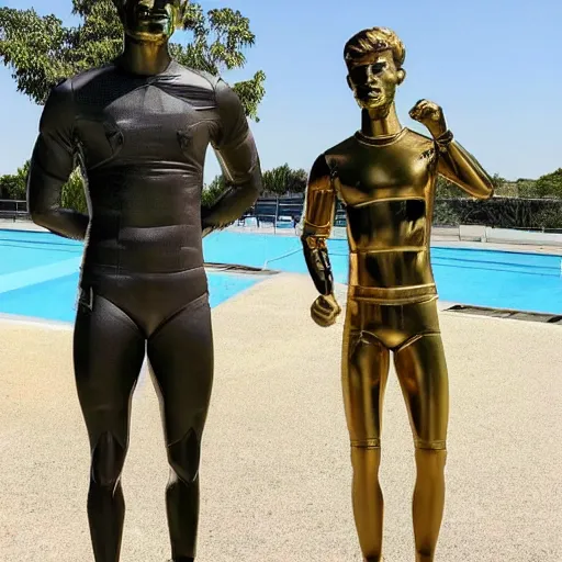 Prompt: a realistic detailed photo of a guy who is an attractive humanoid who is half robot and half humanoid, who is a male android, soccer players martin ødegaard & timo werner, shiny skin, posing like a statue, blank stare, by the pool, on display, showing off his muscles, gold soccer shorts, no jersey, statue, many copies of them