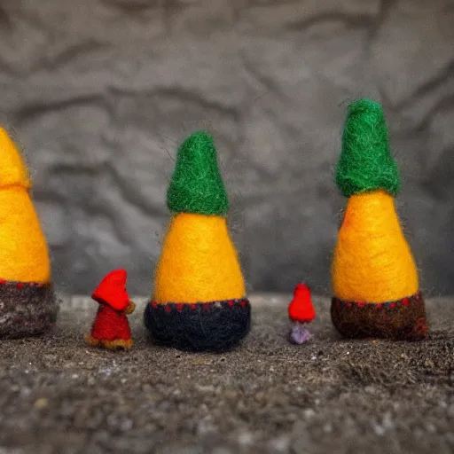 Image similar to a photography of little gnomes made out of wool on a stopmotion landscape made out of wool and yarn