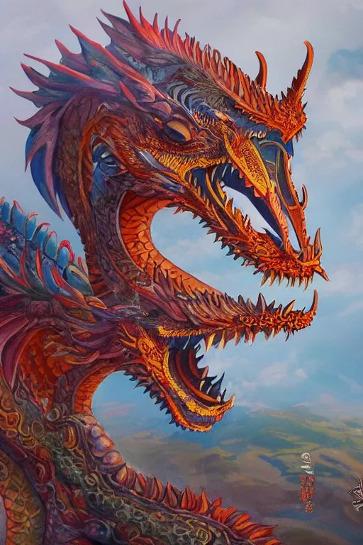 Prompt: a beautiful and detailed painting of a thai dragon in the style of Chalermchai Kositpipat ,featured in artstation, cinematic lighting, omnious sky, art by Ghibli Studios