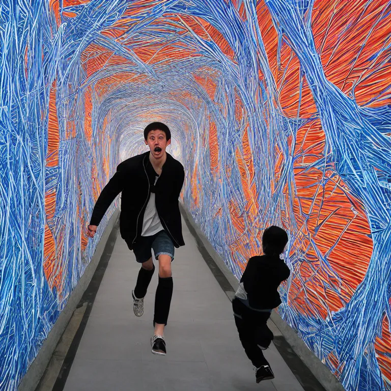 Image similar to terrified young man in a straightjacket running toward you in the Bund Sightseeing Tunnel, Shanghai, China by Alex Grey and Jeffrey Smith