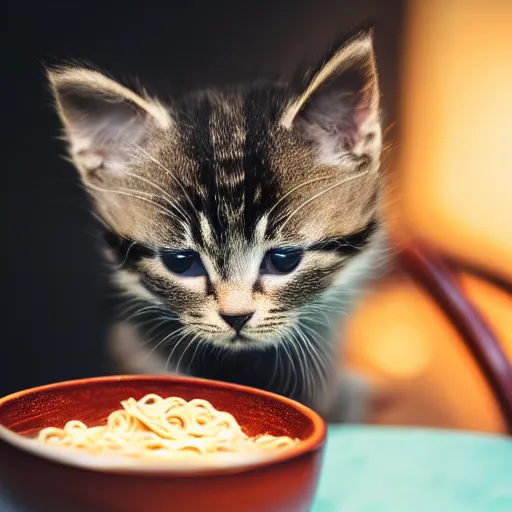 Image similar to a cute kitten eating ramen noodles from a bowl, award winning photography, studio lighting, 8k, 4k, ultrarealistic details