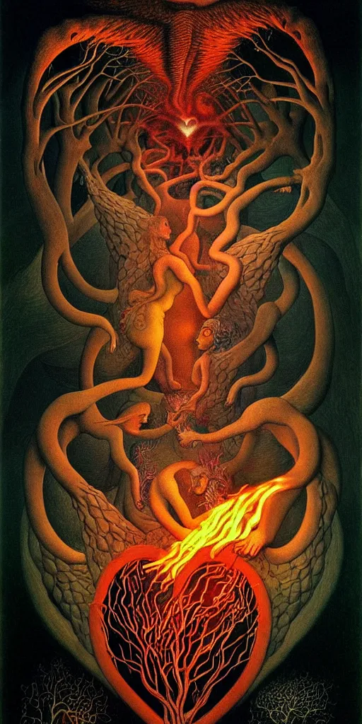 Image similar to mythical creatures and monsters in the visceral anatomical human heart imaginal realm of the collective unconscious, in a dark surreal painting by johfra, mc escher and ronny khalil, dramatic lighting fire glow