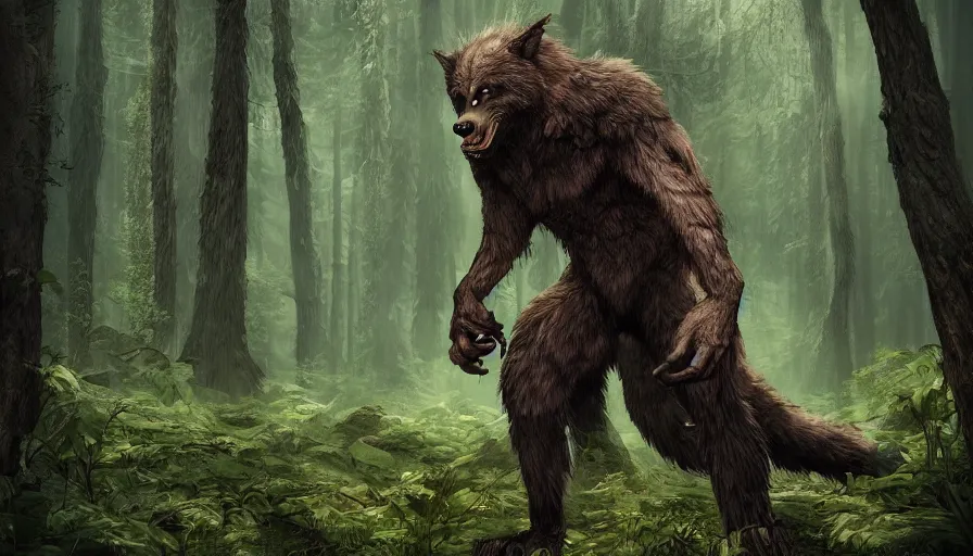 Image similar to Giant werewolf in a dark forest, hyperdetailed, artstation, cgsociety, 8k