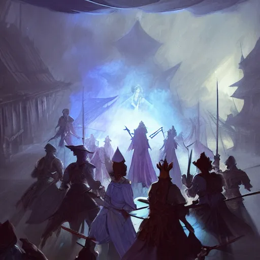 Image similar to D&D fantasy combat fighting blue ghosts on a ship lower deck, intricate, elegant, highly detailed, D&D, digital painting, artstation, concept art, matte painting, sharp focus, illustration, glowing light and shadow, atmospheric, shadowy, cinematic, in the style of Greg Rutkowski and artemisia gentileschi and Alphonse Mucha