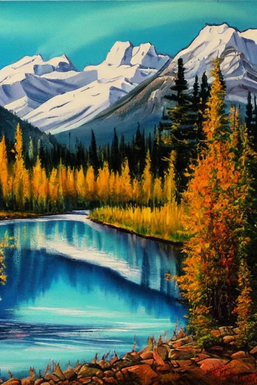 Image similar to bob ross painting of banff alberta