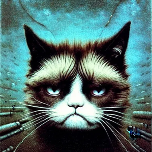 Image similar to cute chthonic fluffy grumpy cat by Ayami Kojima, Beksinski, Giger