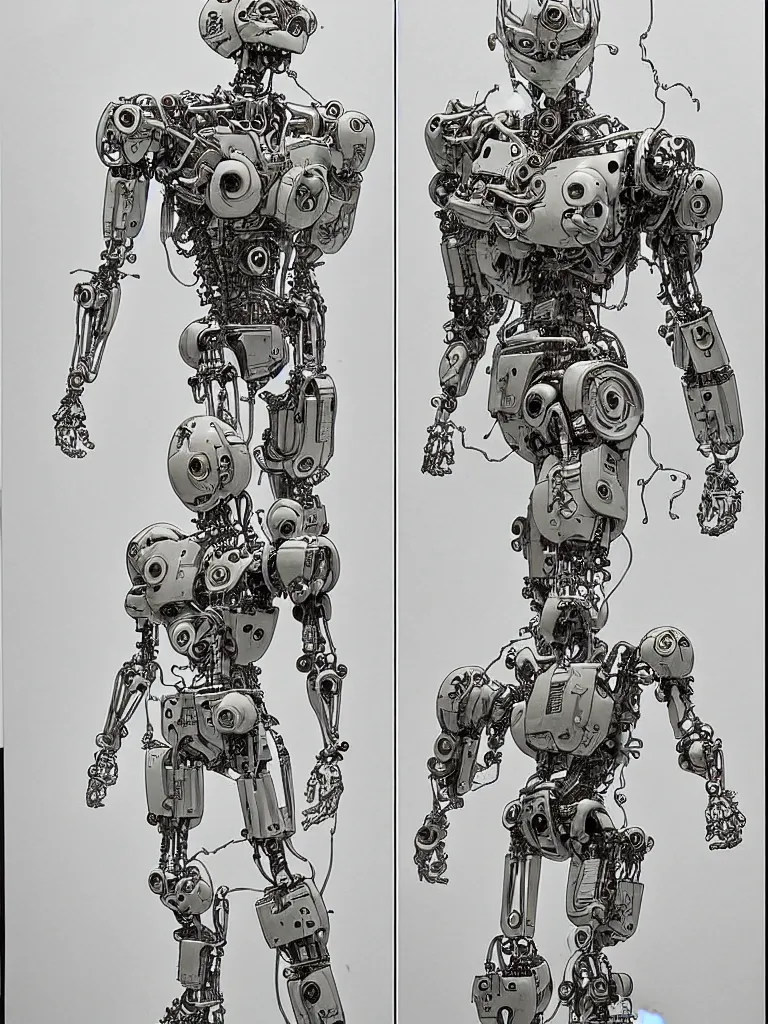 Prompt: prompt: Fragile looking figure, portrait face drawn by Katsuhiro Otomo, accurate full body character drawing, inspired by Evangeleon and Akira 1988, cyborg and wire details with robotic parts, clean ink detailed line drawing, intricate detail, manga 1990, golden ration composition